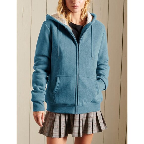 ✨ Yeokou Casual Jacket Women Blue Full ZipUp Sherpa Lined Hoodie Sweatshirt Coat - Picture 2 of 7